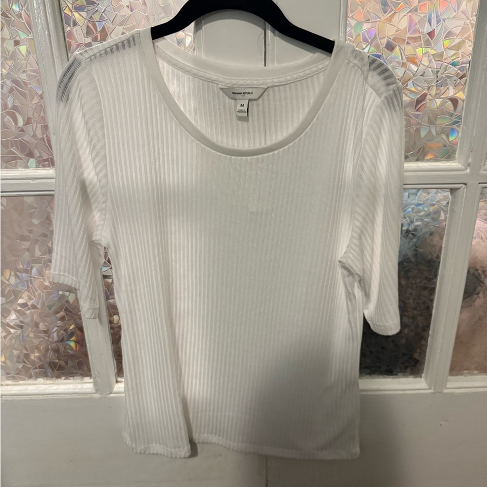 Banana Republic White Ribbed Short Sleeve Top